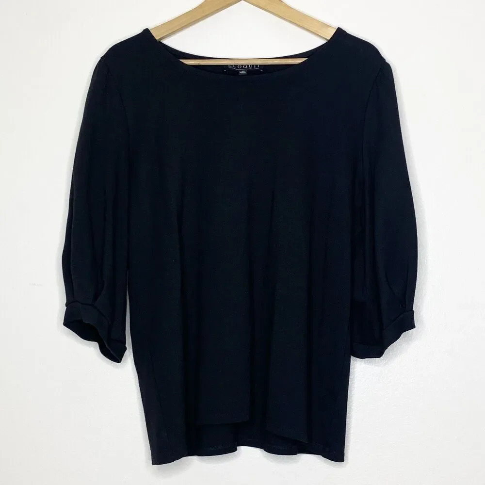 Eloquii Black Boatneck Blouse 3/4 Sleeve Drape Top Plus Size 16 Office Workwear